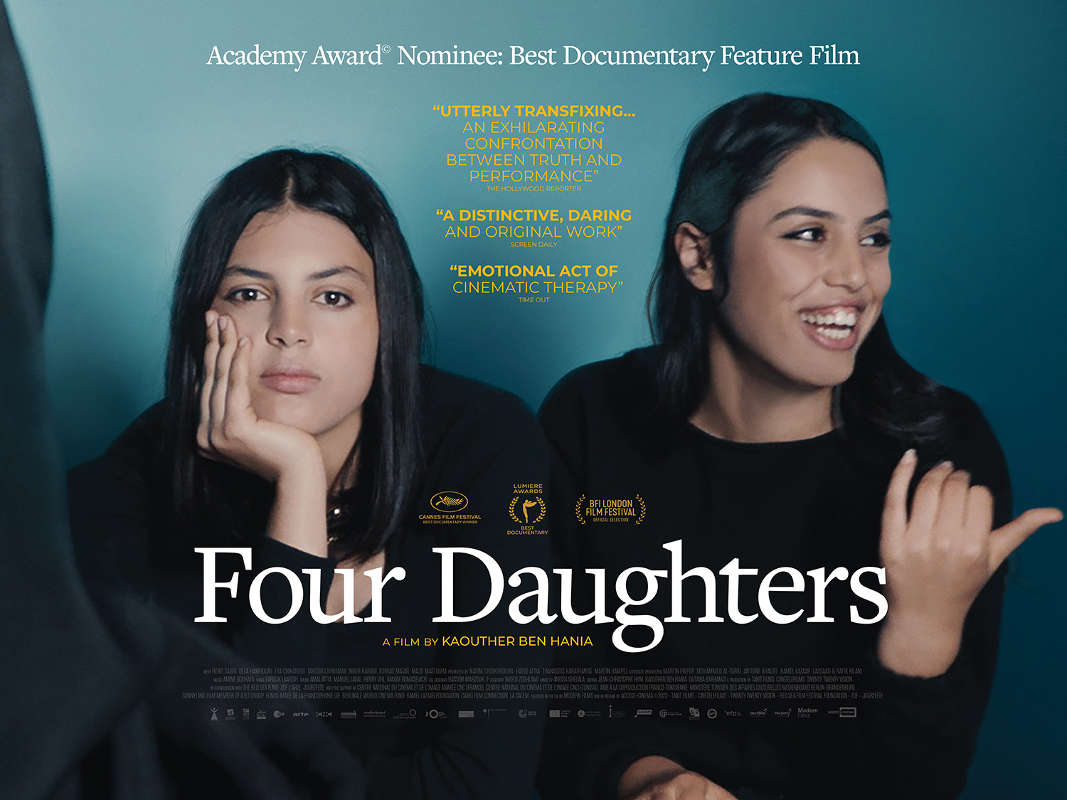 Poster for the film Four Daughters, showing one frowning young woman on the left and a laughing young woman on the right